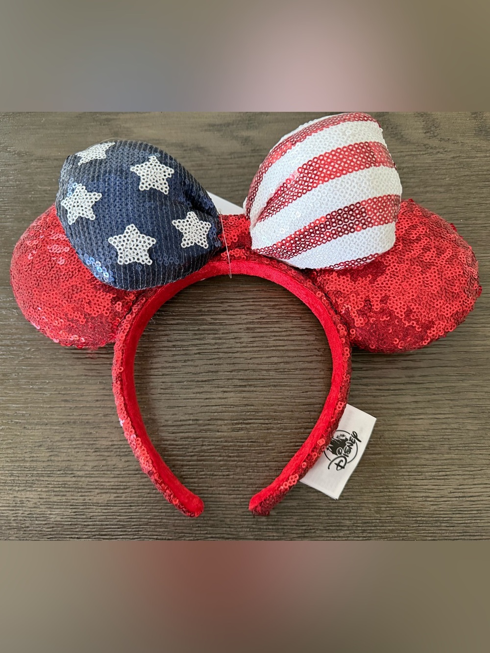 Disney Red Sequin Minnie Ears with Stars & Stripes Bow NWT